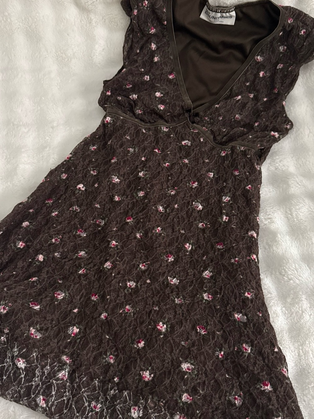 No Boundaries brown lace dress with pink floral accents